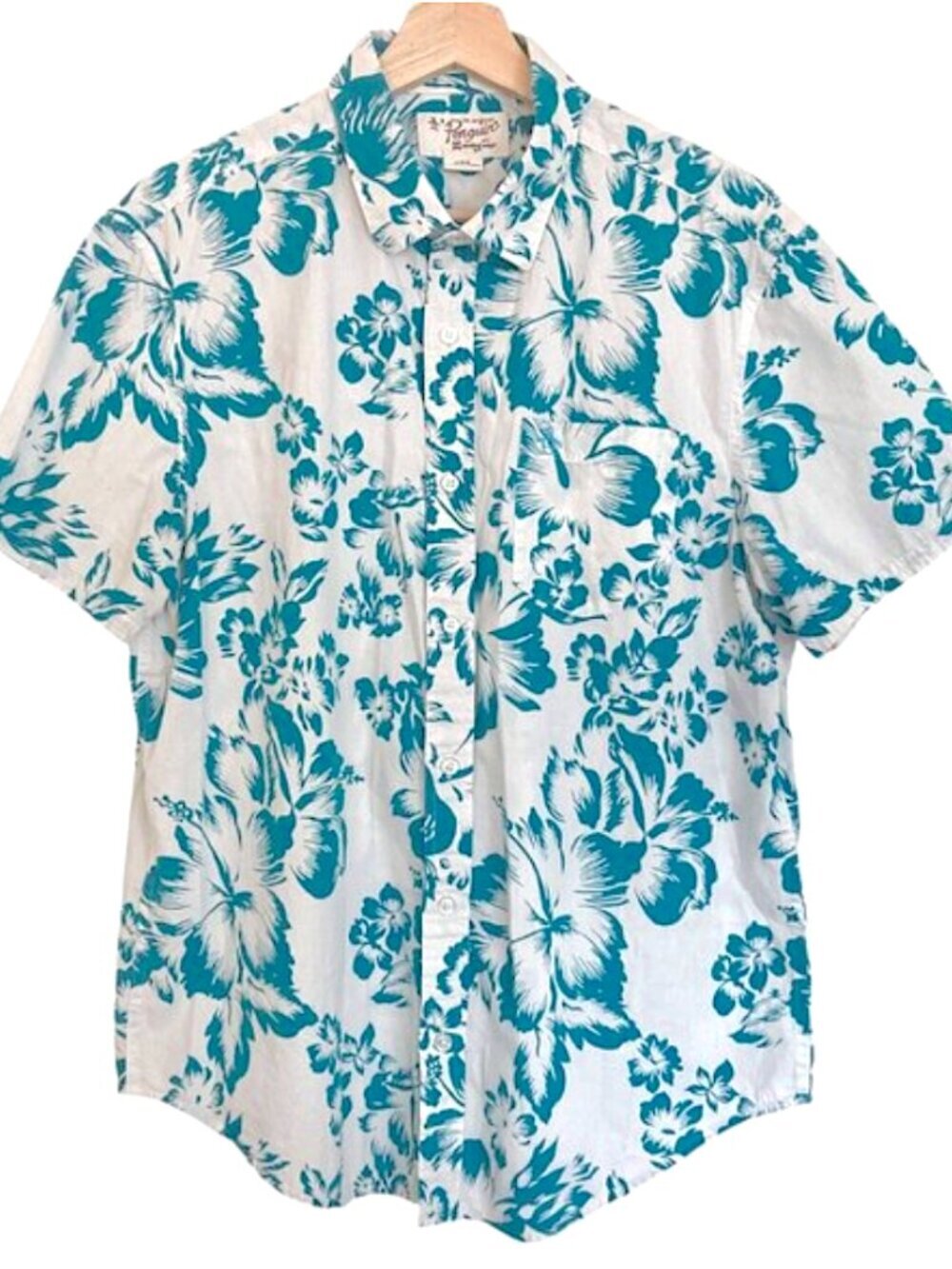 Original PENGUIN Hawaiian Shirt L Button Up Short Sleeve Tropical Floral Blue